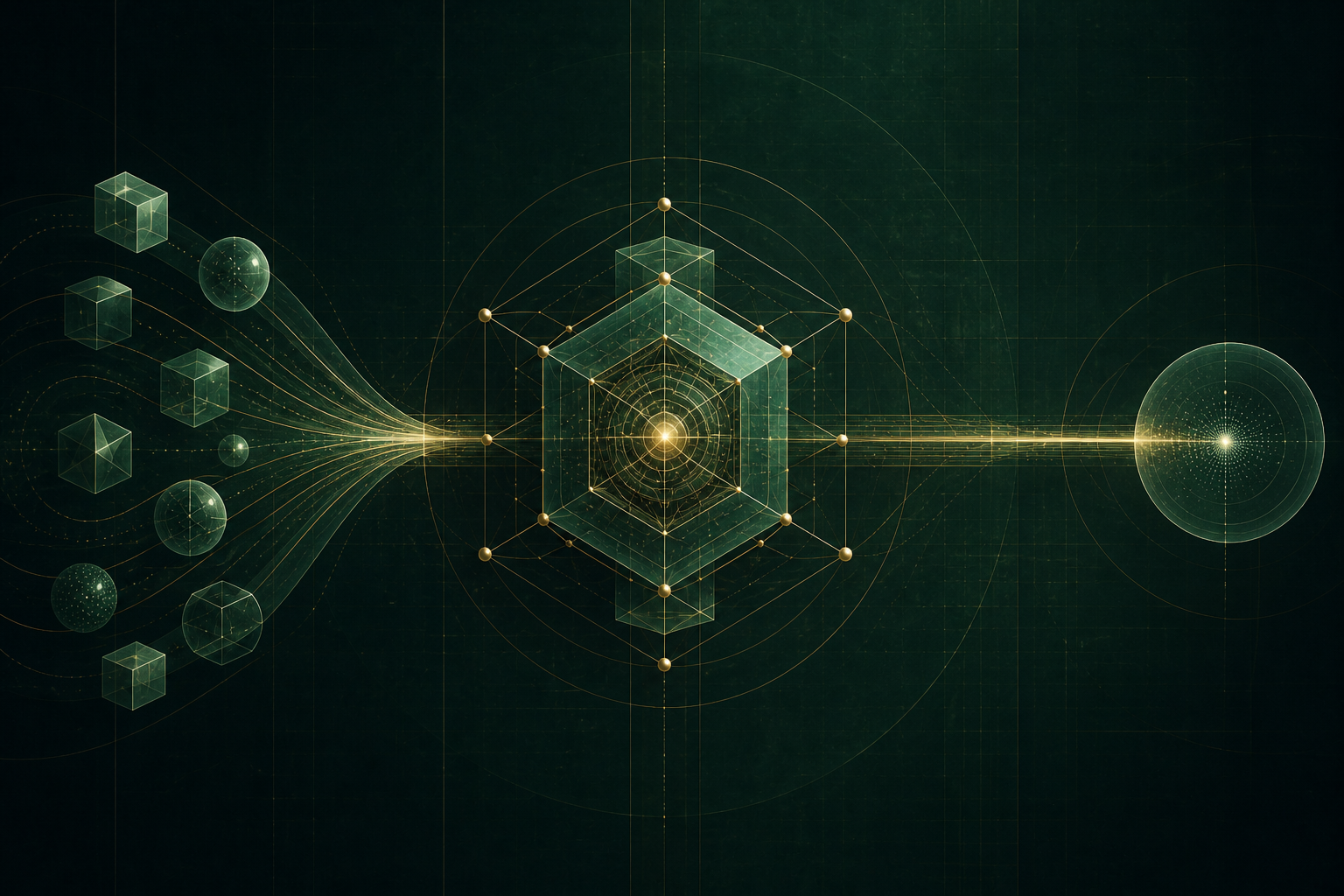Abstract modular chamber transforming several input streams into one clear output.