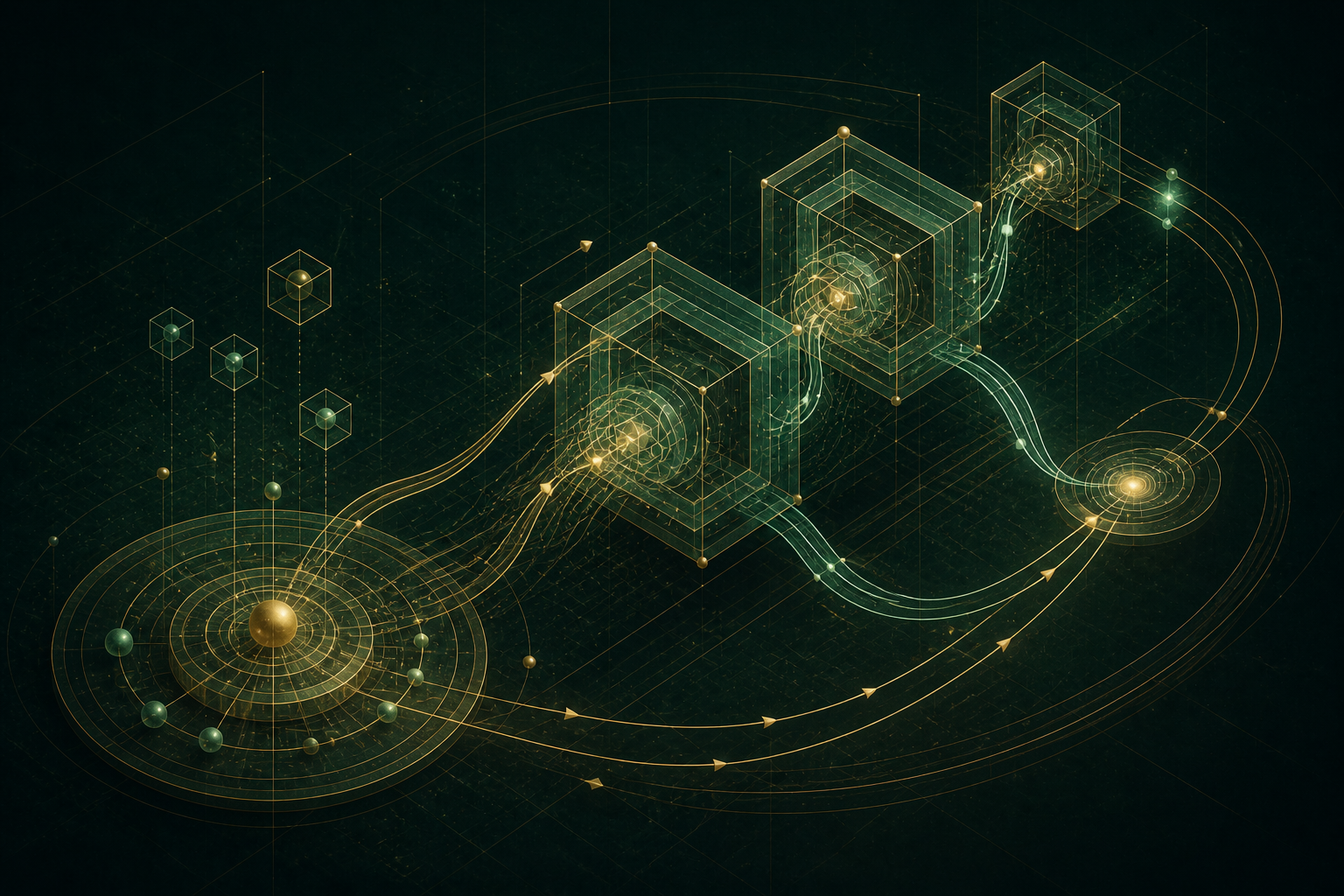 Abstract nested function chambers linked by outward call paths and returning result paths.