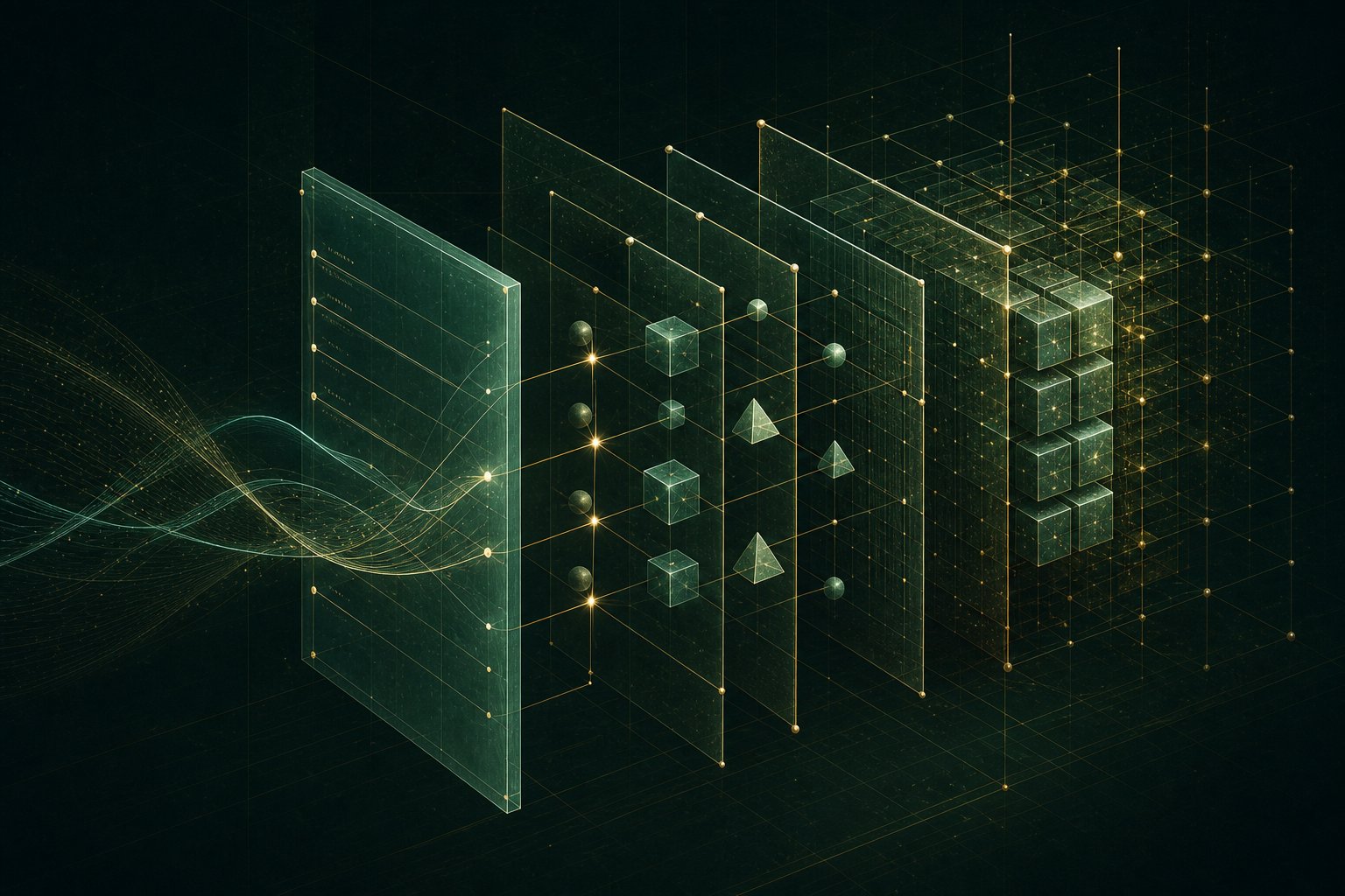 Abstract layered interface plates separating visible declarations from a protected implementation.