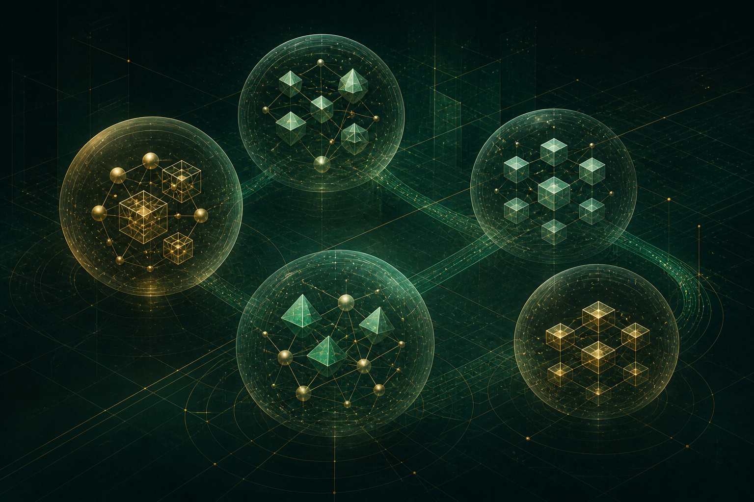 Abstract matching symbols safely separated inside distinct translucent domains.
