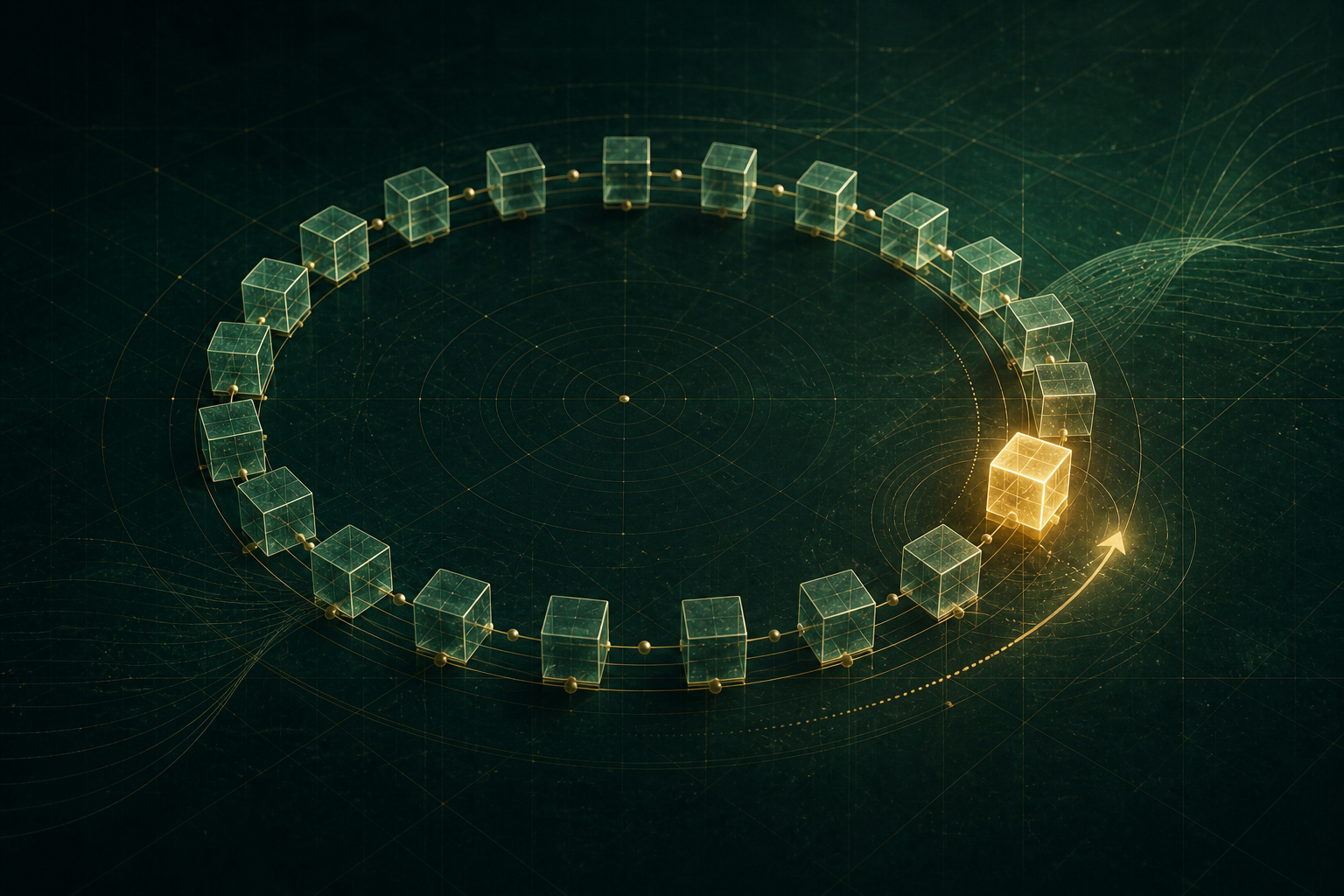 Abstract measured ring of repeated steps with one highlighted iteration position.
