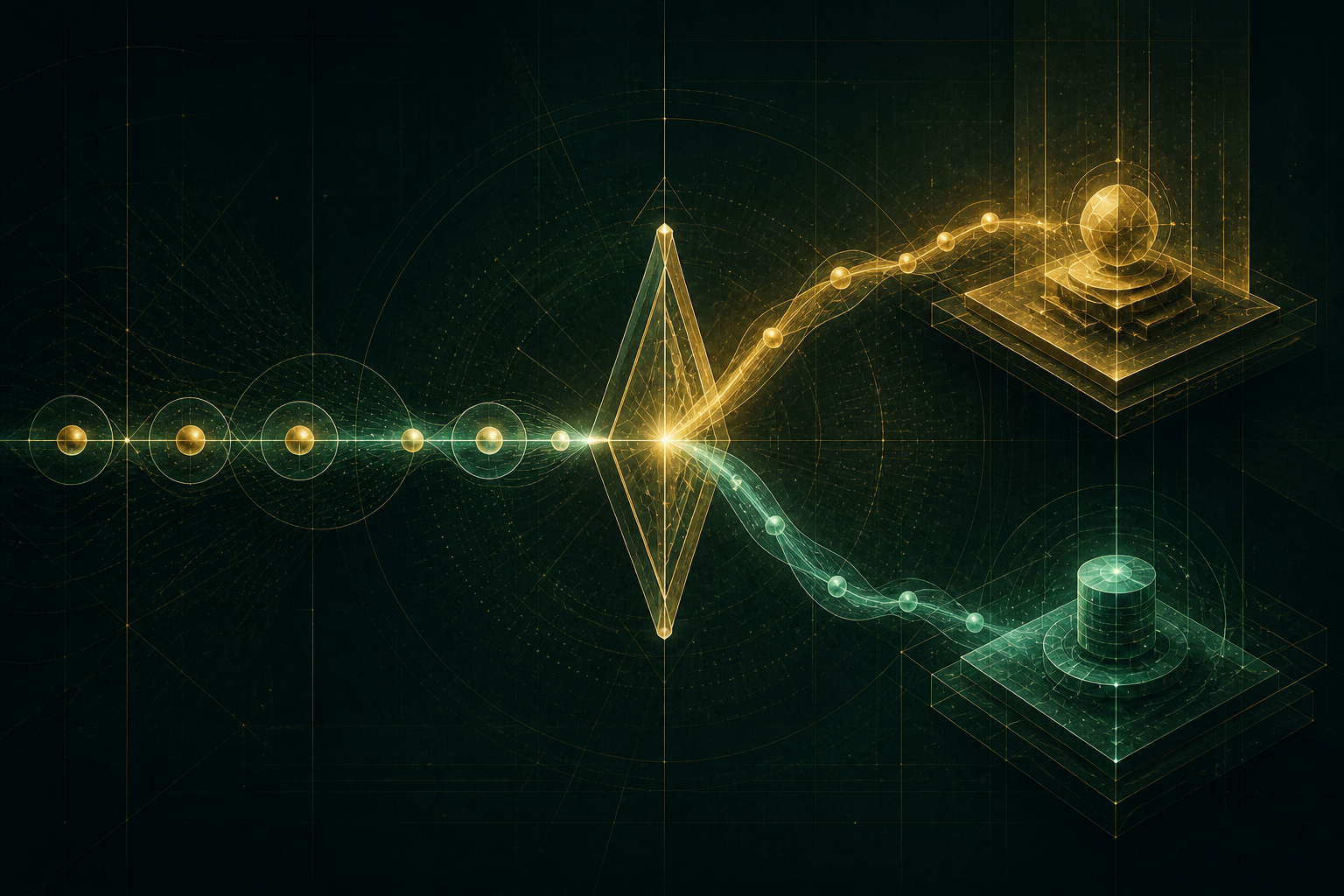 Abstract execution path reaching a condition and branching into two possible outcomes.