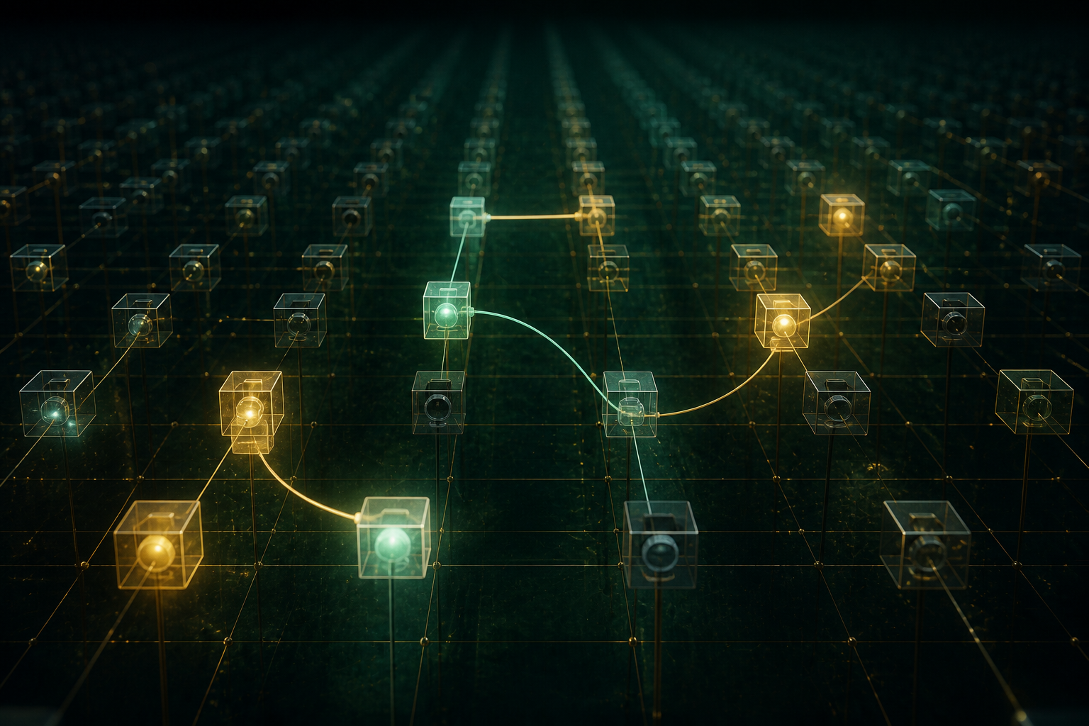 Abstract memory address lattice with controlled luminous pointer connections to exact cells.