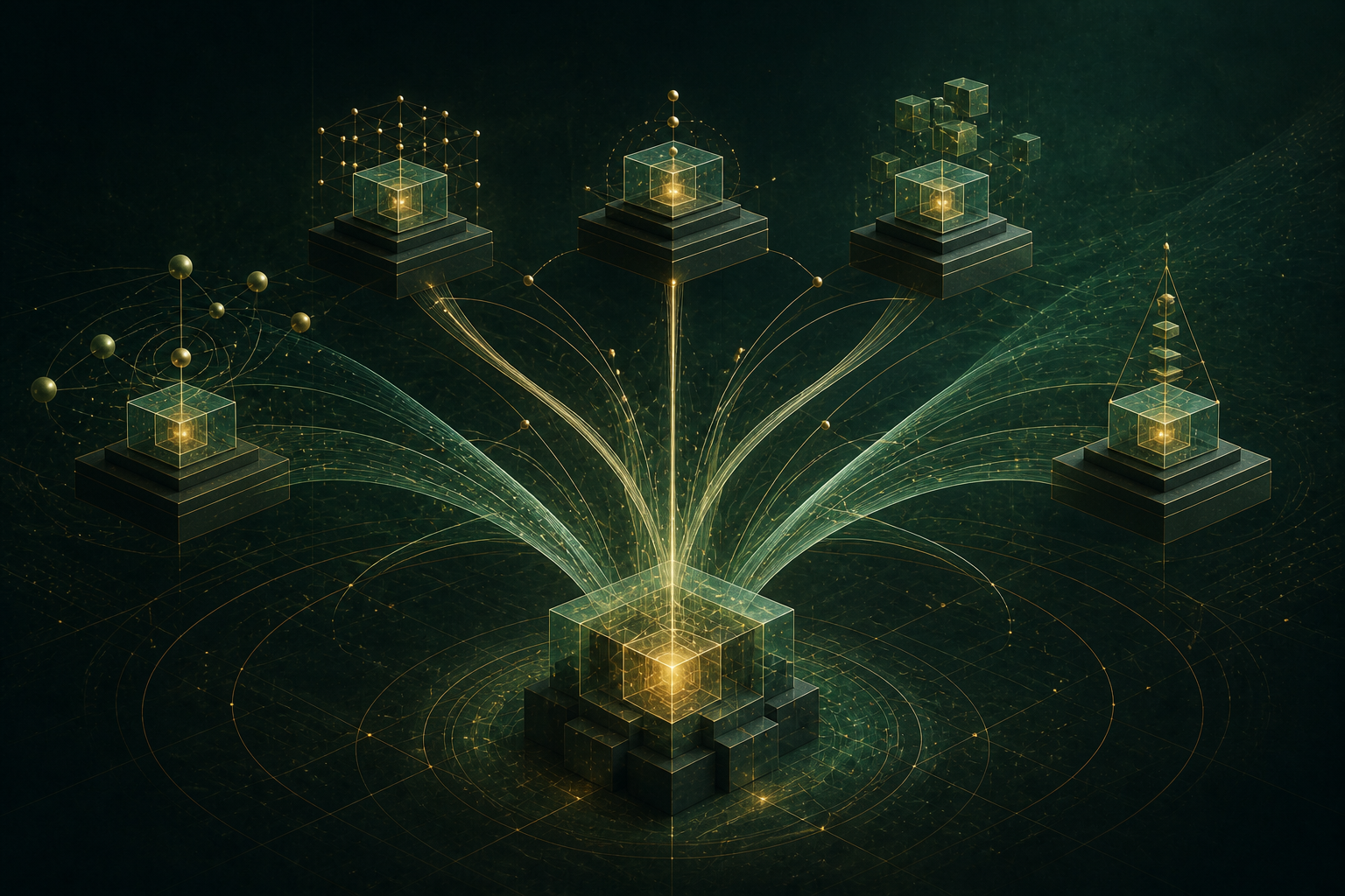 Abstract foundational module branching into specialised derived structures that share a common core.